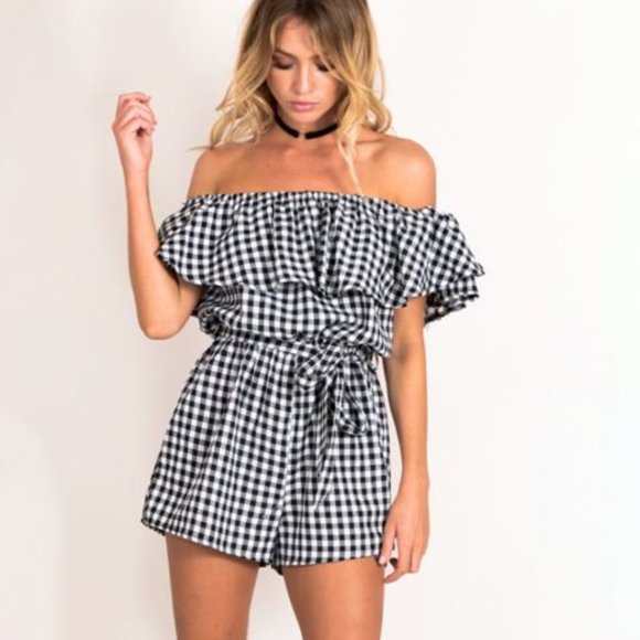 New SIMPLEE Black Gingham Off-Shoulder Romper NWT - Picture 1 of 8
